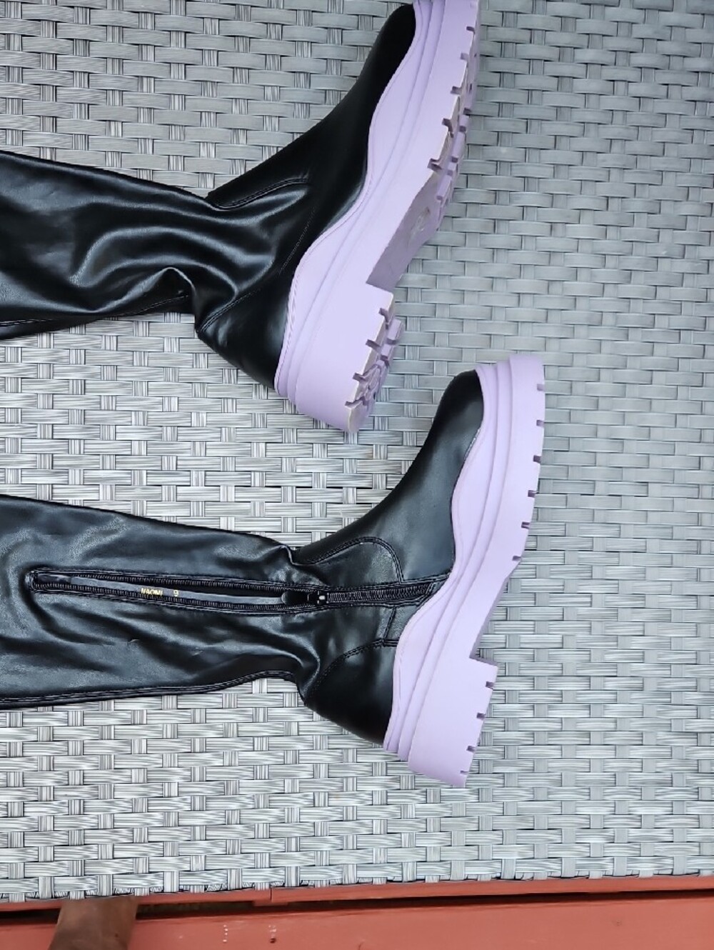 Azalea Wang Black Naomi Thigh High Boots  Purple Lug Sole Boots Flatform Size 9 - Picture 12 of 17